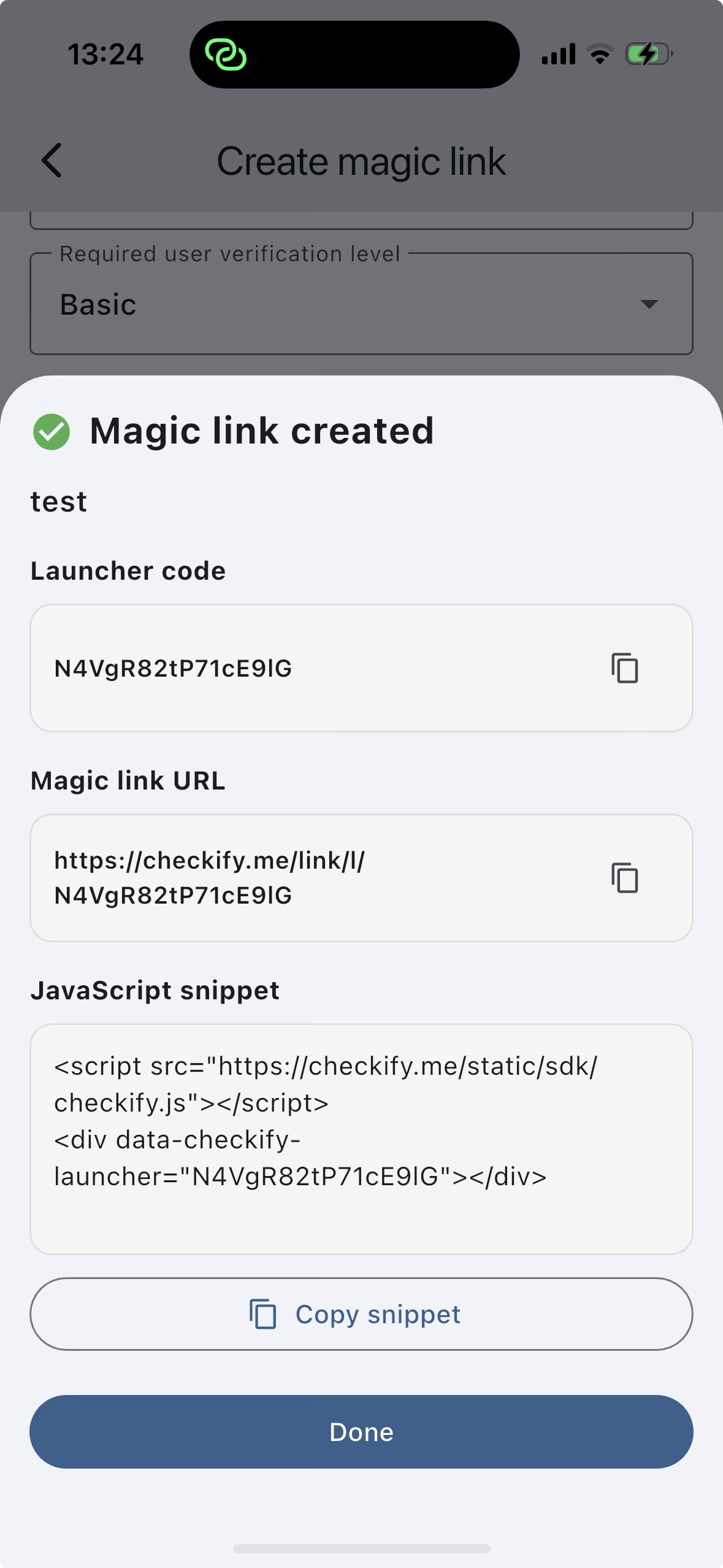 Magic link created in app