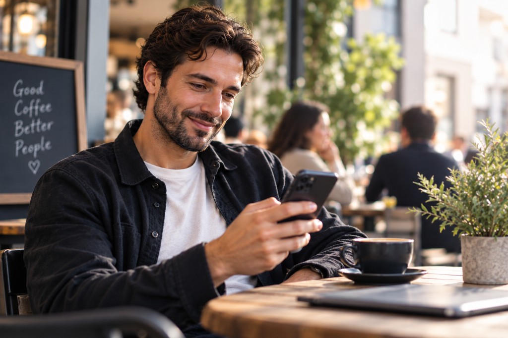 Uomo che sorride al telefono in un bar all'aperto