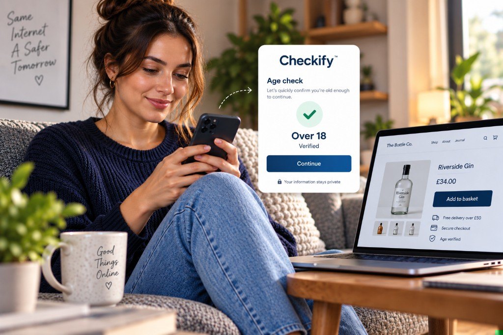 Adulto che completa un controllo dell'età sul proprio telefono mentre fa acquisti online