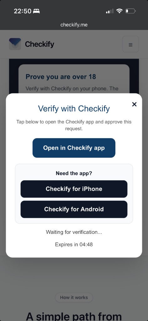 Modale del sito web che richiede al cliente di aprire l'app Checkify per verificare