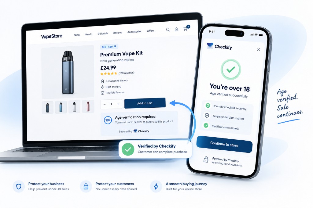 Online vape store checkout with Checkify age verification on laptop and phone