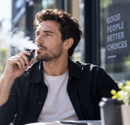 Adult customer using a vape in an everyday setting.